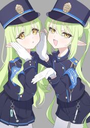  2girls absurdres armband black_hat black_jacket black_shorts black_skirt blue_archive blush breasts buttons cropped_jacket demon_tail double-breasted earrings gloves green_hair hat highres hikari_(blue_archive) jacket jewelry kafueore long_hair long_sleeves looking_at_viewer multiple_girls nozomi_(blue_archive) open_mouth pantyhose peaked_cap pointy_ears shorts sidelocks skirt small_breasts smile tail thighs twintails very_long_hair white_gloves white_pantyhose yellow_eyes 