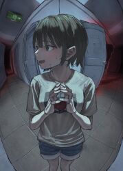  1girl blue_shorts brown_hair ceiling commentary_request denim denim_shorts doorknob exit_sign fisheye floor ghost green_eyes hallway happy_s_e_t highres horror_(theme) indoors nervous open_door open_mouth original own_hands_together print_shirt shirt short_shorts short_sleeves shorts solo sweatdrop turning_head wavy_mouth 