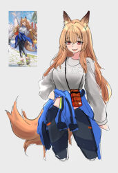  1girl animal_ears arknights bag black_pants blue_jacket breasts ceobe_(arknights) clothes_around_waist crossed_bangs ctoh_(chewandhamper) derivative_work dog_ears dog_girl dog_tail fang hair_between_eyes highres jacket jacket_around_waist large_breasts long_hair official_alternate_costume official_art_inset pants red_eyes screenshot_redraw shirt shoulder_bag sidelocks smile tail white_background white_shirt 