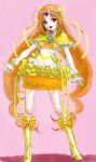  :d boots bow bubble_skirt circlet cure_muse cure_muse_(yellow) frills hair_bow heart knee_boots long_hair magical_girl open_mouth orange_hair pon precure red_eyes shirabe_ako smile solo suite_precure very_long_hair 