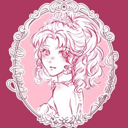  1girl backless_dress backless_outfit baozilaojing bare_back bare_shoulders blush border chinese_commentary choker colored_lineart commentary_request dress drill_hair earrings eyelashes frilled_choker frills happy highres jewelry light_blush looking_at_viewer medium_hair monochrome nikki_(nikki) nikki_(series) nose_blush nostrils parted_lips picture_frame pink_background pink_border pink_theme ponytail ribbon-trimmed_choker round_border shining_nikki shoulder_blades silky_sweet_dream_(shining_nikki) smile solo strapless strapless_dress tiara upper_body 