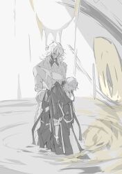  1boy 1other arm_strap belt braid caelus_(honkai:_star_rail) closed_mouth clothes_grab collarbone cowboy_shot cracked_skin dark_skin detached_collar fingerless_gloves from_behind gloves greyscale hair_over_one_eye half-closed_eye highres hki_8b honkai:_star_rail honkai_(series) hood hooded_jacket jacket long_hair long_sleeves looking_at_another looking_down low-braided_long_hair low-tied_long_hair male_focus monochrome multiple_braids muscular muscular_other nanook_(honkai:_star_rail) open_clothes open_jacket other_focus other_with_male pants short_hair standing topless_other trailblazer_(honkai:_star_rail) very_long_hair water yellow_eyes 