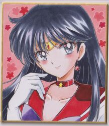  1girl bishoujo_senshi_sailor_moon black_hair blush bow chikoto_(kztc4472) choker circlet closed_mouth collarbone commentary earrings floating_earrings floral_background gem gloves gold_circlet grey_eyes hand_up highres hino_rei jewelry long_hair looking_at_viewer magical_girl photo_(medium) picture_frame pink_background portrait purple_bow red_choker red_gem red_sailor_collar sailor_collar sailor_mars sailor_senshi_uniform smile solo star_(symbol) star_choker star_earrings straight_hair traditional_media white_gloves 