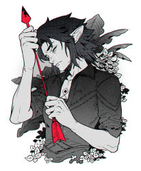  1girl arrow_(projectile) bw2gold chest_tattoo commentary crying dragon_age dragon_age:_the_veilguard elf english_commentary flower frown holding holding_arrow pointy_ears rook_(dragon_age) sad short_hair sleeves_rolled_up solo spot_color tattoo upper_body white_background 