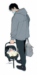  1boy 1other baby baby_carrier bag black_hair black_shoes commentary father_and_child full_body grey_jacket highres hood hood_down jacket juneseo looking_down mask mouth_mask original pants parent_and_child shoes short_hair signature simple_background white_background 