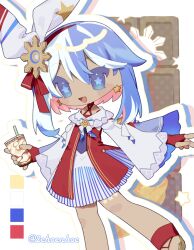 1girl :d akihiro_(acrobat!c) blue_bow blue_bowtie blue_eyes blue_hair blue_streaks bow bowtie candy chibi chibi_only chocolate chocolate_bar color_guide colored_eyelashes commentary_request criss-cross_halter cropped_legs dark_skin double-parted_bangs dress drink drinking_straw earrings fingerless_gloves food frills gloves hair_between_eyes hair_ornament hair_ribbon hairband halterneck highres holding holding_drink jewelry knees kokkimusume long_sidelocks long_sleeves looking_at_viewer milk_tea multicolored_dress multicolored_hair multicolored_ribbon off_shoulder open_mouth outline philippines_(ppfjvdjudk54073) raised_eyebrows red_dress red_hairband ribbon sandals sidelocks sideways_glance skirt sleeve_bow smile standing star-shaped_pupils star_(symbol) star_earrings star_hair_ornament streaked_hair striped_clothes striped_skirt swept_bangs symbol-shaped_pupils twitter_username two-tone_bow two-tone_bowtie two-tone_hair white_background white_bow white_bowtie white_dress white_hair white_outline white_ribbon white_skirt white_streaks wide_sleeves 