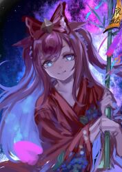  1girl agnes_digital_(umamusume) animal_ears bamboo blue_eyes bow collarbone hair_bow highres holding horse_ears horse_girl inishie_kumo japanese_clothes kimono long_hair looking_at_viewer night open_mouth pink_hair red_bow red_kimono sky smile solo star_(symbol) tanabata tanzaku umamusume 