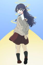  1girl :d arms_behind_back black_socks blue_background blue_eyes blue_hair blue_ribbon brown_dress brown_shoes cardigan commentary dress from_behind full_body grey_cardigan hair_ornament hair_ribbon half_updo hasu_no_sora_school_uniform highres llkapital long_sleeves looking_at_viewer looking_back love_live! love_live!_hasu_no_sora_jogakuin_school_idol_club medium_dress murano_sayaka neckerchief open_mouth own_hands_together pleated_dress red_neckerchief red_ribbon ribbon sailor_collar sailor_dress school_uniform shoes smile socks solo star_(symbol) star_hair_ornament teeth two-tone_background untranslatable_commentary upper_teeth_only virtual_youtuber white_sailor_collar winter_uniform yellow_background 