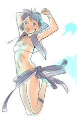  :d arms_up blue_eyes blue_hair bracelet earrings fushigi_no_umi_no_nadia hair_ornament jewelry jumping loincloth nadia navel neck_ring nishieda open_mouth short_hair sketch smile solo vest 