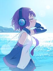  0w0_(artist) 1girl absurdres closed_eyes closed_mouth day detached_sleeves from_side headphones highres long_sleeves necktie outdoors profile purple_hair purple_necktie shirt sleeveless sleeveless_shirt solo upper_body utane_uta utau water white_shirt 