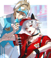  2boys animal_ears apron black_choker black_necktie blue_eyes blue_shirt blue_vest brown_hair choker collarbone collared_shirt commentary fake_animal_ears food grey_hair hair_ornament holding holding_another's_arm holding_ice_cream_cone ice_cream ice_cream_cone kanae_(nijisanji) kuzuha_(nijisanji) male_focus mole mole_under_eye multiple_boys necktie nijisanji open_mouth pointy_ears red_eyes red_shirt scottie_(phantom2) shirt short_hair short_sleeves sweatband tongue tongue_out vest virtual_youtuber visor_cap 