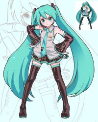  1girl :< ahoge aqua_background aqua_eyes aqua_hair art_study bare_shoulders black_boots black_skirt black_sleeves blue_eyes blue_hair blue_nails blue_necktie blush_stickers boots breasts cika_k collared_shirt commentary detached_sleeves double-parted_bangs frilled_shirt frills full_body grey_shirt hair_between_eyes hands_on_own_hips hatsune_miku head_tilt highres long_hair looking_at_viewer miniskirt necktie number_tattoo photo-referenced pleated_skirt shirt simple_background skindentation skirt small_breasts solo tattoo thigh_boots tie_clip twintails very_long_hair vocaloid zettai_ryouiki zoom_layer 