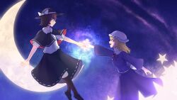  2girls absurdres alternate_eye_color back_bow black_capelet black_hat black_shoes black_skirt blonde_hair bow brown_hair brown_socks buttons capelet closed_mouth collared_dress collared_shirt contrast_collar crescent_moon cyanaqua dress dress_shirt english_commentary eye_contact hat hat_bow highres long_hair long_sleeves looking_at_another maribel_hearn mob_cap moon multiple_girls neck_ribbon night open_mouth puffy_short_sleeves puffy_sleeves purple_dress red_ribbon ribbon ribbon-trimmed_skirt ribbon_trim sash shirt shirt_tucked_in shoes short_hair short_sleeves skirt sky smile socks star_(sky) star_(symbol) starry_sky starry_sky_background teeth touhou tumeneco upper_teeth_only usami_renko violet_eyes white_bow white_hat white_sash white_shirt wide_sleeves yellow_eyes yuri 