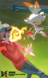  >_< 1boy beanie brown_hair closed_mouth demonqz7 fire grey_hat hat highres kicking long_sleeves open_mouth pants pokemon pokemon_(creature) pokemon_sword_and_shield red_shirt scorbunny shirt short_hair smile soccer_field victor_(pokemon) 