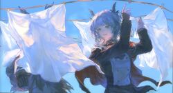  2girls alina_(arknights) antlers arknights arms_up ascot black_ascot black_jacket blue_sky chinese_commentary clothes_pin clothesline commentary_request day dragon_girl dragon_horns drying epaulettes grey_eyes grey_hair highres horns jacket laundry long_hair long_sleeves looking_at_another makabakabakama multiple_girls outdoors silhouette sky smile talulah_(arknights) talulah_the_fighter_(arknights) upper_body 