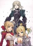  ahoge armor bare_shoulders black_sclera blonde_hair blue_eyes bow breasts cleavage fate/extra fate/stay_night fate/unlimited_codes fate_(series) fkey gauntlets green_eyes hair_bow highres multiple_girls multiple_persona saber saber_alter saber_extra saber_lily sketch white_background yellow_eyes 