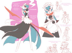  4girls alternate_color apron arm_at_side ashtray back_bow black_eyeshadow black_gloves blue_hair blue_skin bob_cut bow chair character_name cigarette closed_eyes clothed_pokemon colored_skin commentary crossed_legs cup curtsey double_blade dropping elbow_gloves english_commentary english_text eyeshadow frilled_apron frills full_body furry furry_female gardevoir gloves hair_over_one_eye half-closed_eyes hand_up hands_up highres holding holding_cigarette holding_teapot holding_weapon indeedee indeedee_(female) legs_apart lilligant maid maid_apron maid_headdress makeup mega_gardevoir mega_pokemon monster_girl multicolored_skin multiple_girls multiple_views no_feet on_chair one_eye_covered partially_colored plant_girl pokemon pokemon_(creature) pouring red_eyes saucer shiny_pokemon short_hair sitting sketch smoke smoking standing steenee teacup teapot tenebscuro two-tone_skin weapon white_apron white_skin wrist_cuffs 