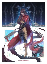  1boy armored_boots artist_name belt black_belt black_gloves black_hair black_pants boots border brown_boots chain cloak commentary crossed_arms english_commentary final_fantasy final_fantasy_vii final_fantasy_vii_rebirth final_fantasy_vii_remake full_body gloves goggles goggles_on_head grin gun hair_between_eyes handgun headband highres holding holding_weapon holster long_hair looking_at_viewer male_focus micehellwd multiple_belts pants red_background red_cloak red_eyes red_headband smile solo sparkle standing teeth thigh_holster torn_cloak torn_clothes vincent_valentine weapon white_border 