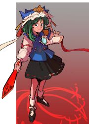  1girl black_shoes black_skirt blue_eyes blue_hat blue_vest closed_mouth commentary english_commentary epaulettes frilled_hat frills full_body green_hair hat highres holding holding_mirror long_sleeves looking_at_viewer mirror molly_yancey ribbon-trimmed_skirt ribbon_trim rod_of_remorse shiki_eiki shirt shoes skirt sleeve_bow socks solo touhou vest white_shirt white_socks 
