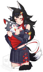  1girl ^_^ absurdres animal_ear_fluff animal_ears bare_shoulders bell black_hair black_skirt choker closed_eyes commentary cowboy_shot cropped_legs detached_sleeves grin hair_ornament hairclip highres hololive hug jingle_bell karakr_shin long_hair long_sleeves miofa_(ookami_mio) multicolored_hair ookami_mio ookami_mio_(1st_costume) pleated_skirt red_choker red_hair sailor_collar side_slit simple_background skirt smile solo tail two-tone_hair virtual_youtuber watermark white_background white_sailor_collar wide_sleeves wolf_ears wolf_girl wolf_tail 