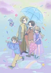 1girl 3boys :d aged_down animification black_bow black_hair blonde_hair blue_shoes bow brown_hair brown_jacket brown_pants candy commentary food full_body hair_bow highres holding holding_umbrella inoue_shouma jacket kamen_rider kamen_rider_gavv_(series) karakida_hanto lakia_amarga lollipop long_sleeves low_twintails multiple_boys open_mouth orange_eyes orange_raincoat pants pink_eyes pink_raincoat poppingummy puddle purple_raincoat purple_shirt raincoat raining_food red_eyes riko_(1017rikopinpon) romper running see-through_clothes see-through_raincoat shirt shoes short_hair smile sneakers standing suga_kenzo swirl_lollipop twintails umbrella violet_eyes watermark wide-leg_pants yellow_pants yellow_raincoat 