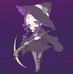 1girl black_cape cape commentary_request curly_hair dark_background hat holding holding_scythe long_hair mahou_shoujo_ikusei_keikaku mahou_shoujo_ikusei_keikaku_limited mana_(mahoiku) mudamudamudda open_mouth purple_hair scythe shoes twintails witch_hat yellow_eyes 