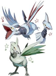 alternate_color colored_sclera commentary_request full_body highres metal_wings multiple_views no_humans open_mouth pokemon pokemon_(creature) pokemon_focus sharp_teeth shiny_pokemon simple_background skarmory star_(symbol) t2oc1vpose61326 teeth upper_body white_background wings yellow_sclera 