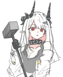  arknights bare_shoulders black_gloves black_horns choker commentary_request demon_horns gloves hair_ornament hammer horns infection_monitor_(arknights) long_hair mudrock_(arknights) open_mouth pointy_ears red_eyes simple_background sketch tank_top user_teft4888 white_background white_hair 