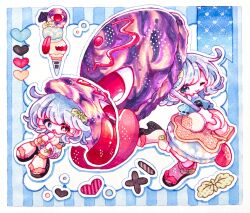  1girl :p blue_background blue_capelet blue_eyes blue_hair capelet color_guide commentary food food-themed_clothes full_body hair_ornament heart heterochromia highres holding holding_umbrella ice_cream ice_cream_cone inukkomaru leaf_hair_ornament long_sleeves looking_at_viewer multiple_views open_mouth purple_umbrella red_eyes short_hair striped_background tatara_kogasa tongue tongue_out touhou umbrella 