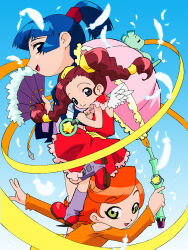  3girls back_cutout black_eyes blue_background blue_hair closed_mouth clothing_cutout commentary_request concept_art creature dress falling_feathers feathers folding_fan fur-trimmed_fan green_eyes hand_fan high_ponytail highres holding holding_fan holding_ribbon_baton holding_umbrella leg_up long_hair looking_at_viewer looking_to_the_side magical_girl mini_wings multiple_girls open_mouth orange_hair original pink_umbrella ponytail purple_socks red_dress red_hair red_shoes ribbon ribbon_baton sash shibata_jun shirt shoes short_hair smile socks stirrup_legwear toeless_legwear umbrella white_feathers white_wings wings yellow_sash yellow_shirt 
