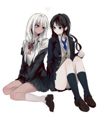  2girls arms_between_legs artist_request black_hair black_socks blue_eyes blue_necktie blunt_bangs blush brown_cardigan buttons cardigan chabashira_tenko check_artist collared_shirt commentary_request commission danganronpa_(series) danganronpa_v3:_killing_harmony dark-skinned_female dark_skin ganguro green_eyes gyaru heart highres jacket kneehighs knees_up korean_commentary llie_137 long_hair long_sleeves looking_at_another low_twintails mole mole_under_mouth multiple_girls neck_ribbon necktie off_shoulder open_clothes open_jacket pleated_skirt ribbon school_uniform second-party_source shirt simple_background sitting skirt socks twintails white_background white_hair white_socks yonaga_angie yuri 