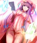  bare_legs book breasts capelet crystal dearmybrothers hat highres large_breasts light_smile long_hair looking_at_viewer magic_circle patchouli_knowledge purple_eyes purple_hair solo touhou very_long_hair violet_eyes 