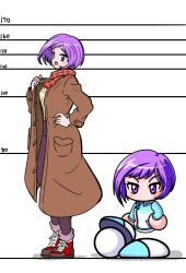  2girls ball blue_jacket blue_shoes brown_coat brown_pants chibi coat commentary_request drilljapan dual_persona hand_on_own_hip height_chart highres jacket jikkyou_powerful_pro_yakyuu jikkyou_powerful_soccer multicolored_jacket multicolored_shoes multiple_girls no_mouth open_clothes open_coat open_mouth pants plaid_clothes plaid_scarf purple_hair rayman_limbs red_scarf red_shoes ribbed_sweater scarf shoes short_hair sweater takami_asuka teeth track_jacket upper_teeth_only violet_eyes white_jacket white_shoes 