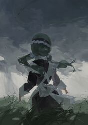  1girl absurdres apron back_bow bow chinese_commentary clouds commentary dark_cloud from_behind grass green_hair grey_sky highres looking_up low_twintails maid maid_apron maid_headdress original outdoors overcast sentter sky solo tall_grass twintails upper_body white_apron wind 