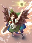  arm_cannon arm_up bow brown_hair cape diohazard energy_ball grin hair_bow highres long_hair mismatched_footwear pointing pointing_up radiation_symbol red_eyes reiuji_utsuho shirt short_sleeves skirt smile solo space third_eye touhou weapon wings 