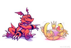  armadimon artist_collaboration claws closed_eyes colored_skin digimon digimon_(creature) glaciergator-art guilmon highres laughing lying no_humans on_back open_mouth red_skin simple_background tail white_background zeepfrag 