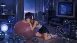  1girl absurdres an_yb arm_rest ball blue_skirt blue_sky cd_player commentary controller crt cup desk_lamp dvd_player exercise_ball full_body game_controller glass glass_table handheld_game_console head_on_arm head_rest headphones highres indoors kneeling lamp leaning_on_object miniskirt nintendo_64_controller no_shoes on_floor original playstation_portable ponytail purple_hair scenery shirt skirt sky socks solo stereo table television untranslatable_commentary vase violet_eyes water white_shirt white_socks 