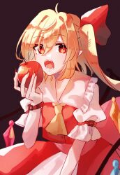 1girl apple ascot astellsora back_bow blonde_hair bow commentary crystal_wings flandre_scarlet food frilled_shirt_collar frills fruit grey_background hair_between_eyes hair_bow highres holding holding_food holding_fruit long_hair looking_at_viewer open_mouth pointy_ears puffy_short_sleeves puffy_sleeves red_bow red_eyes red_nails red_skirt red_vest shirt short_sleeves side_ponytail skirt sleeve_garter solo teeth touhou vest white_shirt wings wrist_belt yellow_ascot 