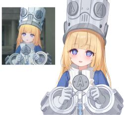  +_+ 1girl bitseon blonde_hair blue_eyes blunt_bangs blush commentary_request gloves grey_gloves helmet highres long_hair norma_hollowell open_mouth simple_background smile white_background zenless_zone_zero 