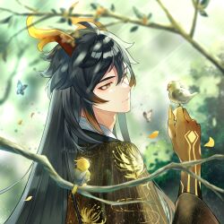  1boy adam's_apple bird bird_on_hand black_hair blurry blurry_background branch bug butterfly closed_mouth colored_extremities commentary eyeliner genshin_impact hair_between_eyes highres horns long_hair makeup male_focus moehime orange_eyes outdoors red_eyeliner solo untranslatable_commentary upper_body very_long_hair zhongli_(genshin_impact) 