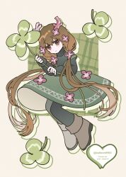  antlers balloon0903 black_pantyhose black_sweater blush blush_stickers boots brown_eyes brown_hair character_request closed_mouth clover commentary_request commission copyright_request flower four-leaf_clover green_skirt grey_boots hair_flower hair_ornament heart highres holding holding_clover horns long_hair pantyhose purple_flower skeb_commission skirt smile sweater turtleneck turtleneck_sweater twintails twitter_username very_long_hair 