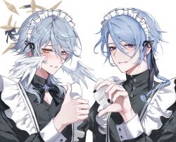 2boys absurdres apron black_dress black_nails blue_hair braid commentary company_connection crossdressing crossdressing_(mtf) dress earrings emong genshin_impact grey_hair head_wings heart_hands_failure highres honkai:_star_rail honkai_(series) jewelry kamisato_ayato long_hair maid maid_apron maid_headdress male_focus male_maid mihoyo multiple_boys short_hair smile sunday_(honkai:_star_rail) thumbs_up untranslatable_commentary violet_eyes wings yellow_eyes 