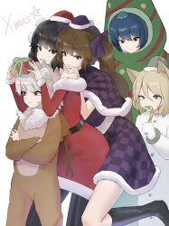 5girls absurdres animal_costume black_capelet black_dress black_hair black_pantyhose black_socks blonde_hair blue_hair brown_eyes brown_hair capelet christmas christmas_tree_costume coat commentary crossed_arms dress fur-trimmed_capelet fur-trimmed_dress fur_trim grey_hair hat highres himekaidou_hatate iizunamaru_megumu inubashiri_momiji kneehighs kudamaki_tsukasa long_coat mori_dobonua_(mordvna) multiple_girls pantyhose purple_capelet purple_dress red_dress red_eyes reindeer_costume santa_costume santa_hat shameimaru_aya socks tokin_hat touhou white_coat white_hair 