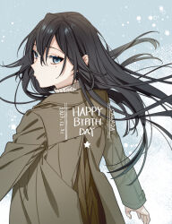  1girl black_hair blue_eyes character_name closed_mouth commentary_request dated floating_hair from_behind hagiwara_daisuke happy_birthday hori-san_to_miyamura-kun long_hair long_sleeves mole mole_under_eye sawada_honoka solo star_(symbol) upper_body winter_clothes 