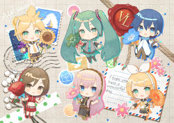 2boys 4girls :d blonde_hair blue_eyes blue_flower blue_hair blush brown_eyes brown_hair chibi chibi_only closed_mouth clover commentary double-parted_bangs english_commentary flower four-leaf_clover full_body green_eyes green_hair grey_background grid_background hair_between_eyes hatsune_miku highres holding holding_clover holding_flower kagamine_len kagamine_rin kaito kaito_(vocaloid) letter long_hair looking_at_viewer megurine_luka meiko meiko_(vocaloid) multiple_boys multiple_girls open_mouth orange_flower original-orange-610917 parted_bangs pink_flower pink_hair red_flower red_rose rose short_hair smile standing sunflower twintails very_long_hair vocaloid
