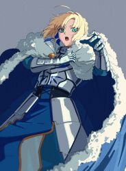  1girl ahoge anianiani0607 armor armored_dress artoria_pendragon_(fate) blonde_hair blush braid braided_base braided_bun bun_with_braided_base cloak commentary_request dress fate/stay_night fate_(series) faulds fur-trimmed_cloak fur_trim gauntlets green_eyes hair_bun hair_ribbon highres long_sleeves looking_at_viewer ribbon saber_(fate) short_hair 