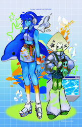  2girls alien alternate_costume animal animification antenna0203 belt blonde_hair blue_hair commentary_request diamond-shaped_hair dolphin face_shield fish frutiger_aero gem_(steven_universe) hair_ornament headphones highres lapis_lazuli_(steven_universe) leg_warmers midriff multiple_girls peridot_(steven_universe) platform_shoes see-through_clothes see-through_skirt shoes short_hair skirt star_(symbol) star_hair_ornament steven_universe water 