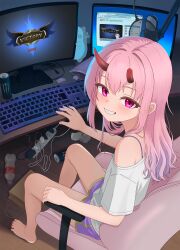  1girl absurdres arm_rest barefoot blush bra broken_horn can candy chair commentary_request computer computer_keyboard creature dolphin_shorts drink_can electric_plug flat_chest food gaming_chair gori_wakamaru gradient_hair grin hair_between_eyes highres horns indie_virtual_youtuber kanehira_ame league_of_legends livestream long_hair looking_at_viewer looking_back microphone monitor monster_energy multicolored_hair on_chair pink_eyes pink_hair plastic_bottle pop_filter power_strip purple_bra purple_hair purple_shorts shirt shorts single_bare_shoulder sitting smile solo swivel_chair underwear virtual_youtuber wavy_hair white_shirt 