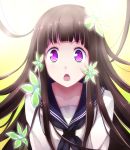  :o absurdres black_hair chitanda_eru flower glowing glowing_eyes hair_flower hair_ornament highres hime_cut hyouka long_hair open_mouth purple_eyes qiuzhi_huiyi school_uniform serafuku solo very_long_hair violet_eyes 