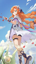  1girl absurdres bare_shoulders blue_sky commentary day from_below from_side gmg_(jiang35562897) green_eyes hand_up highres jacket long_hair looking_to_the_side orange_hair outdoors petals pointy_ears red_petals sidelocks sigrika_(wuthering_waves) sky soliskin_(wuthering_waves) solo turning_head untranslatable_commentary veil white_jacket white_veil wuthering_waves 